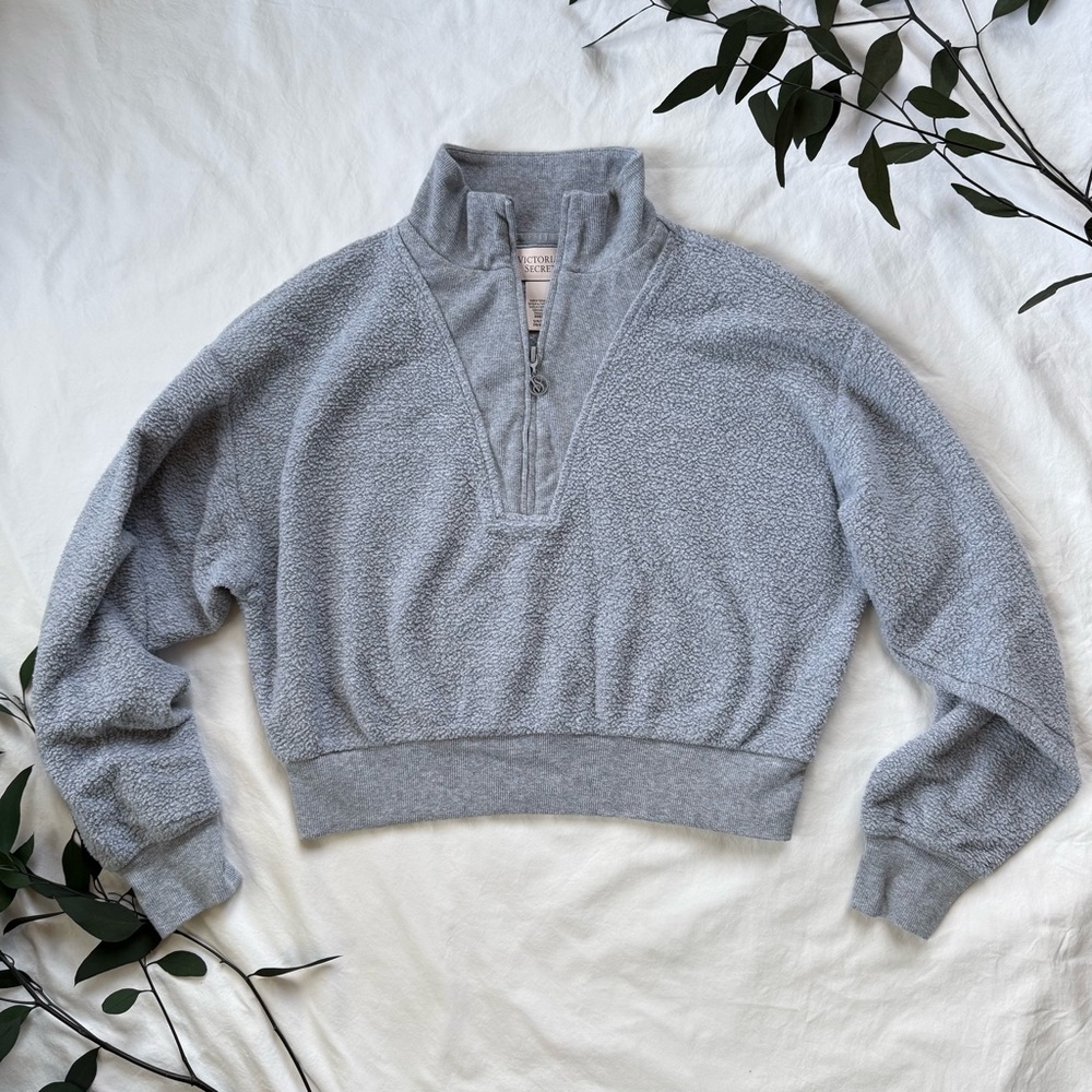 Victoria’s Secret Gray Teddy Pullover Crop Sweatshirt 1/2 Zip Cozy Warm Athletic